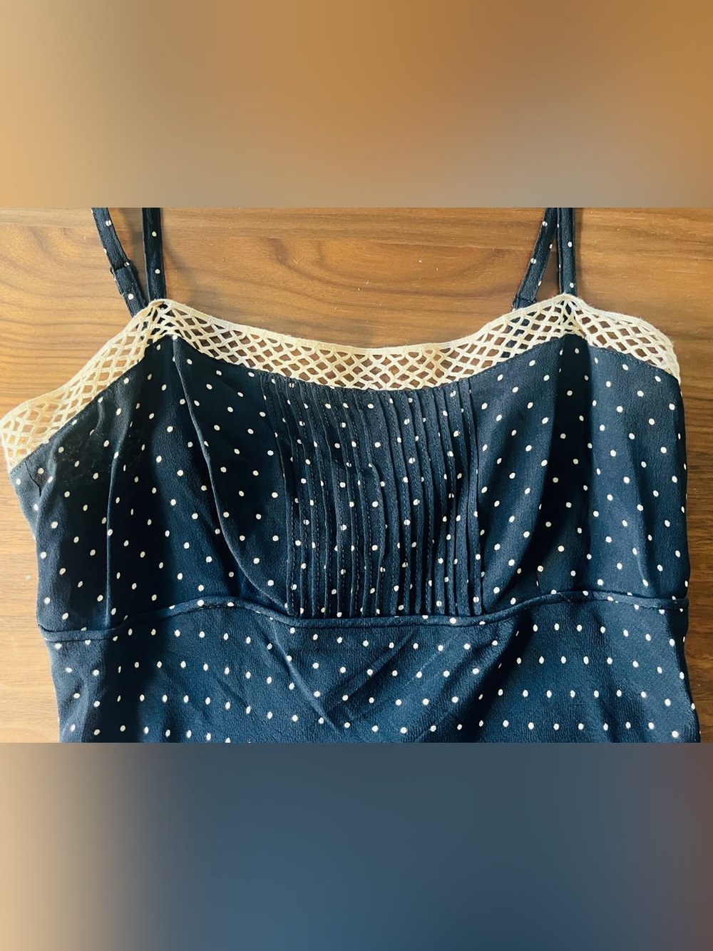 Betsey Johnson Black Polka Dot Slip Dress with Beige Lace Trim Petite - Picture 4 of 6